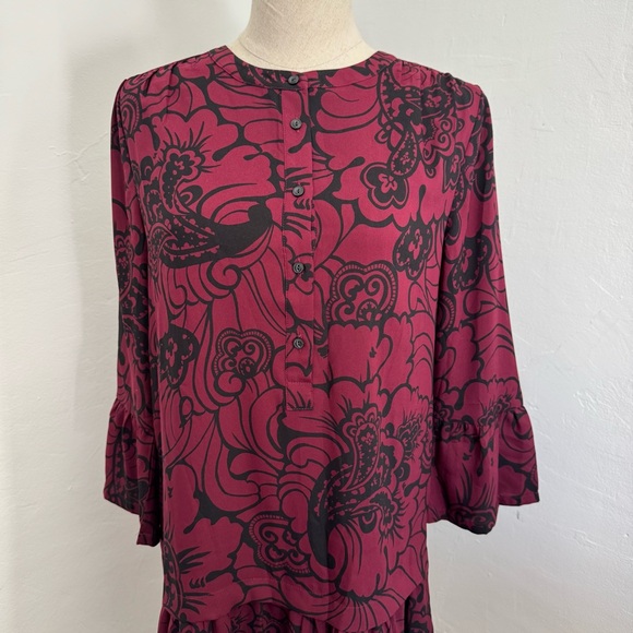 LOFT Burgundy Floral Long Sleeve Dress - Picture 2 of 15